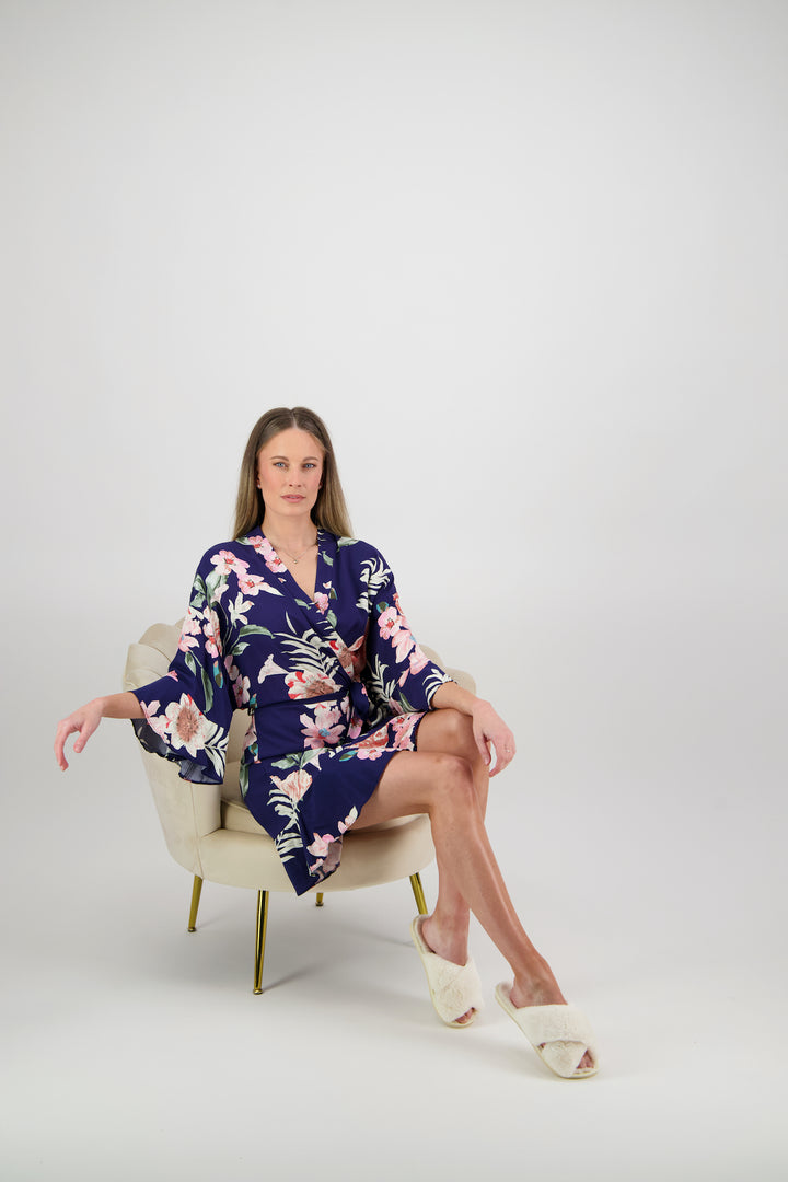 Amelia Cotton Floral Robe - Navy