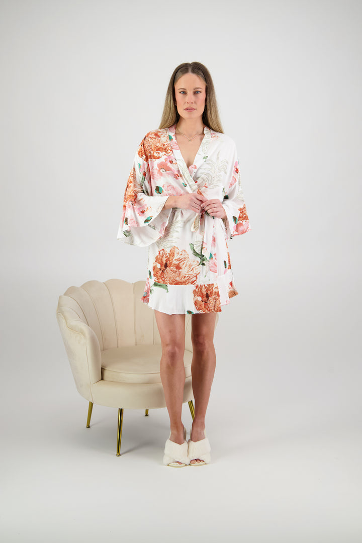 Amelia Cotton Floral Robe - White