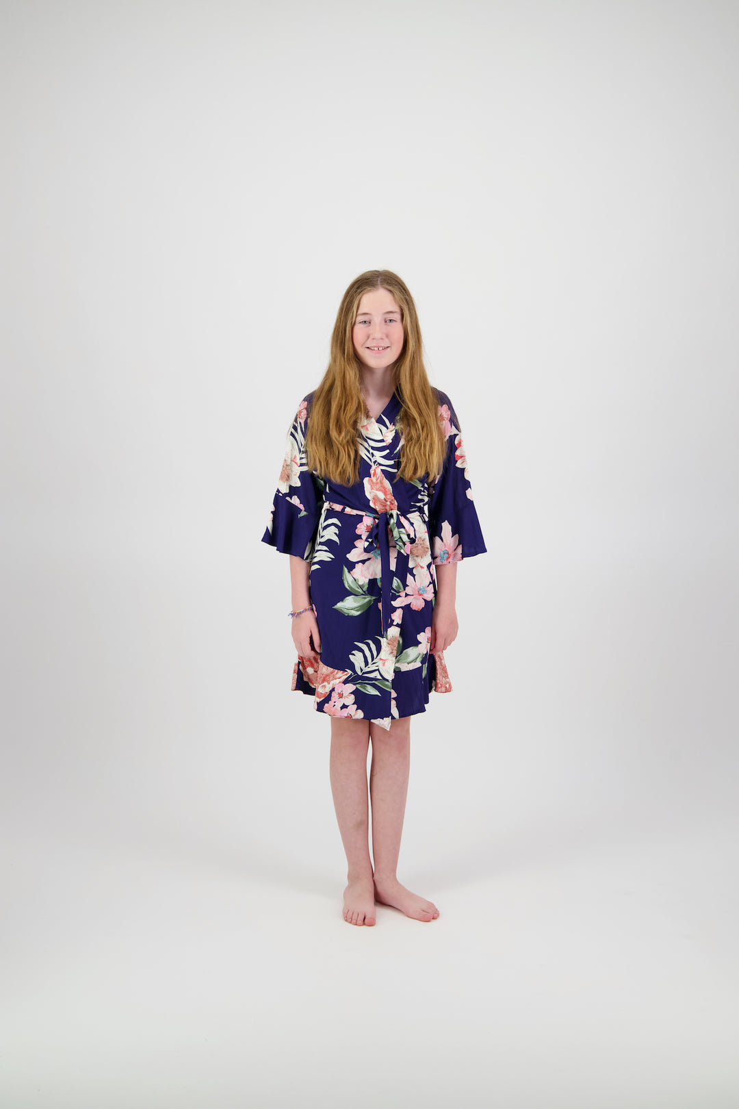 Amelia Floral Cotton Flower Girl Robe - Navy