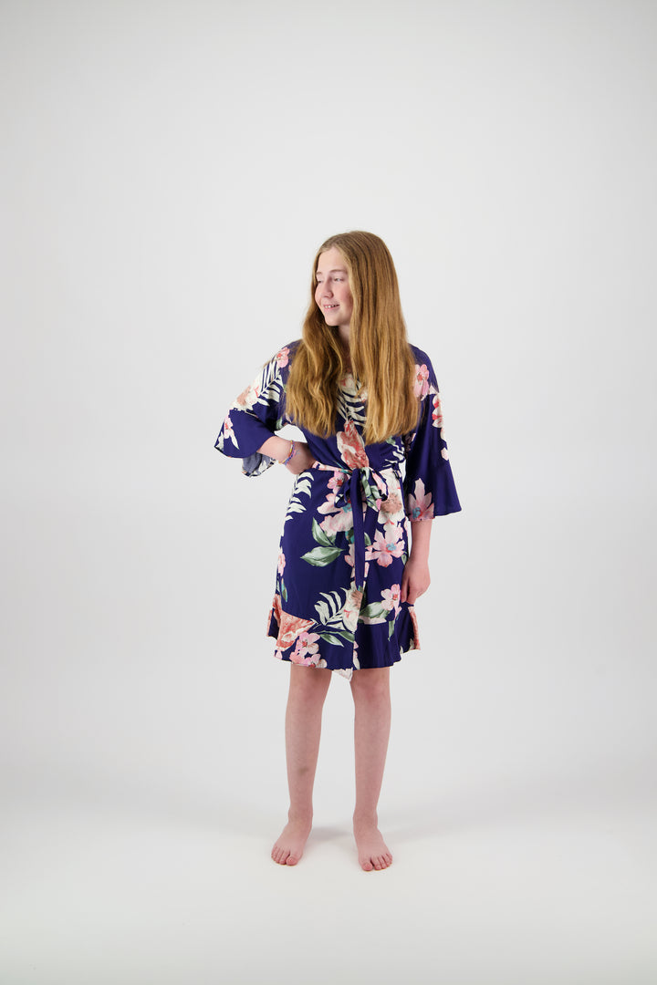 Amelia Floral Cotton Flower Girl Robe - Navy